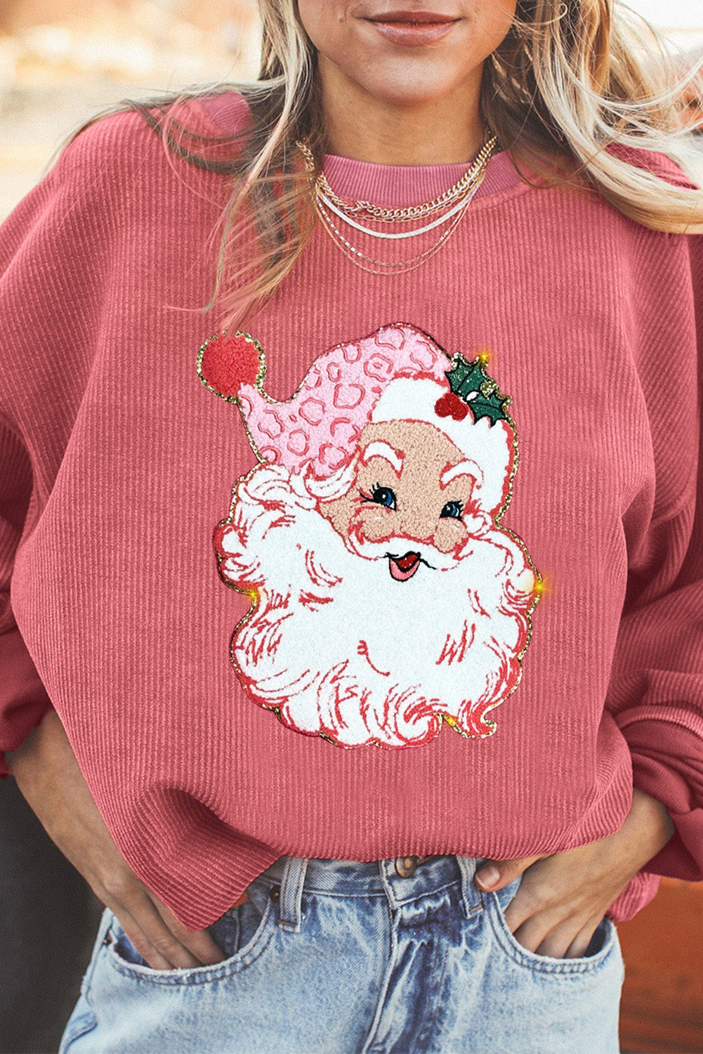 Strawberry Pink Sparkle Santa Claus Patch Application Corded Graphic Sweatshirt