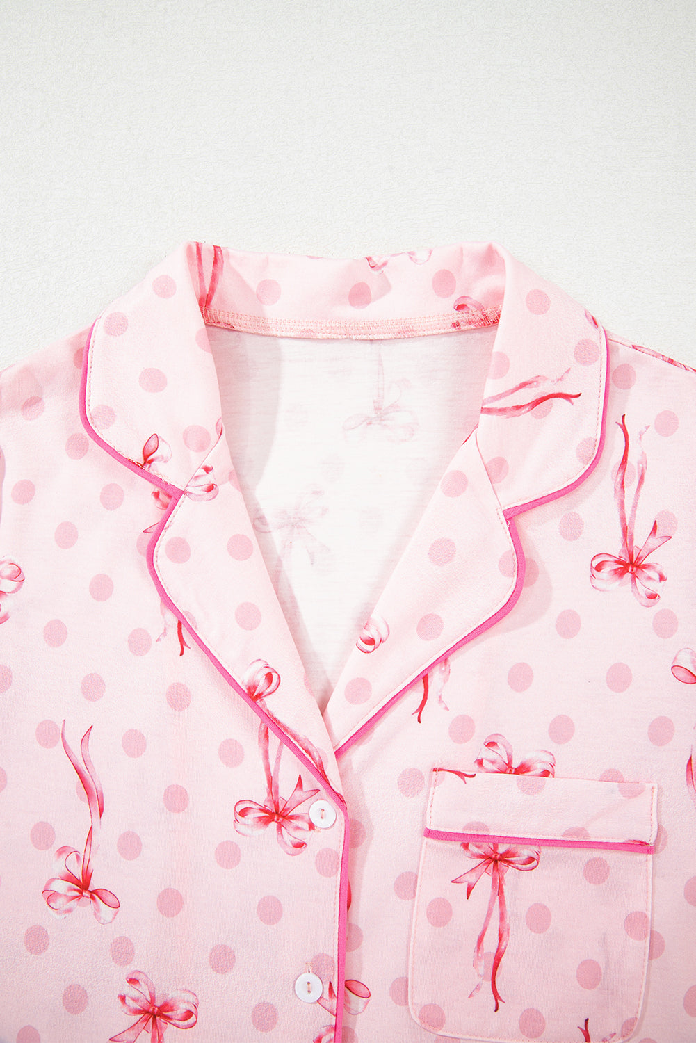 Pink Polka Dot and Bow Print Ruffle Hem Shorts Pajama Set