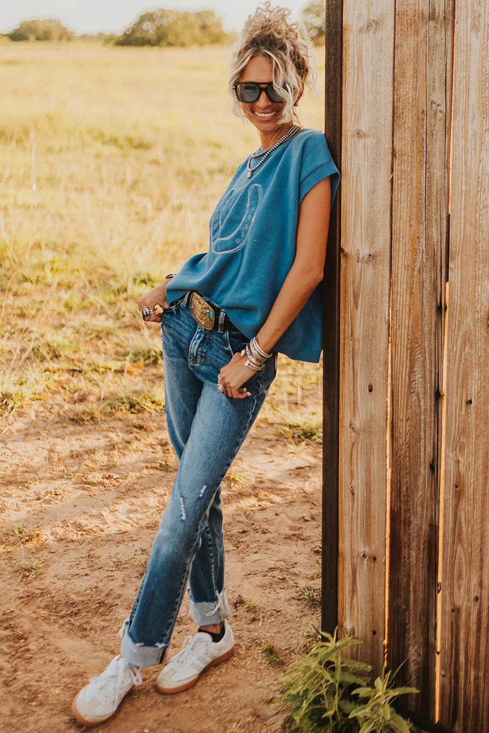 Light Blue Horseshoe Embroidered Loose Short Sleeve Sweater