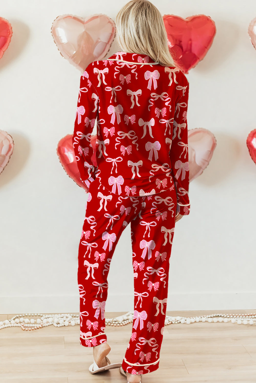 Red Sweet Bow Print Shirt Style Top Long 2pcs Pajama Set