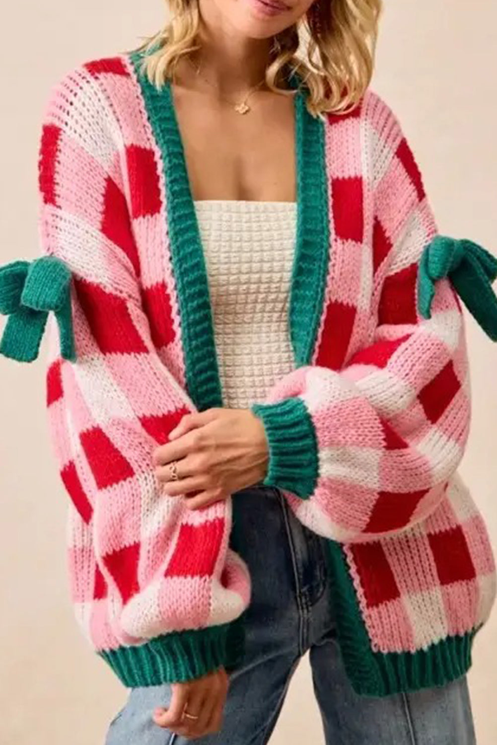 Pink Colorblock Checkered Open Front Knit Cardigan