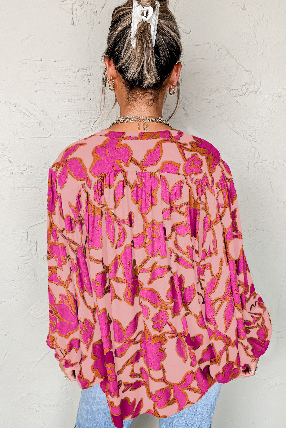 Chemisier ample boutonné à manches chauve-souris et imprimé floral bleu