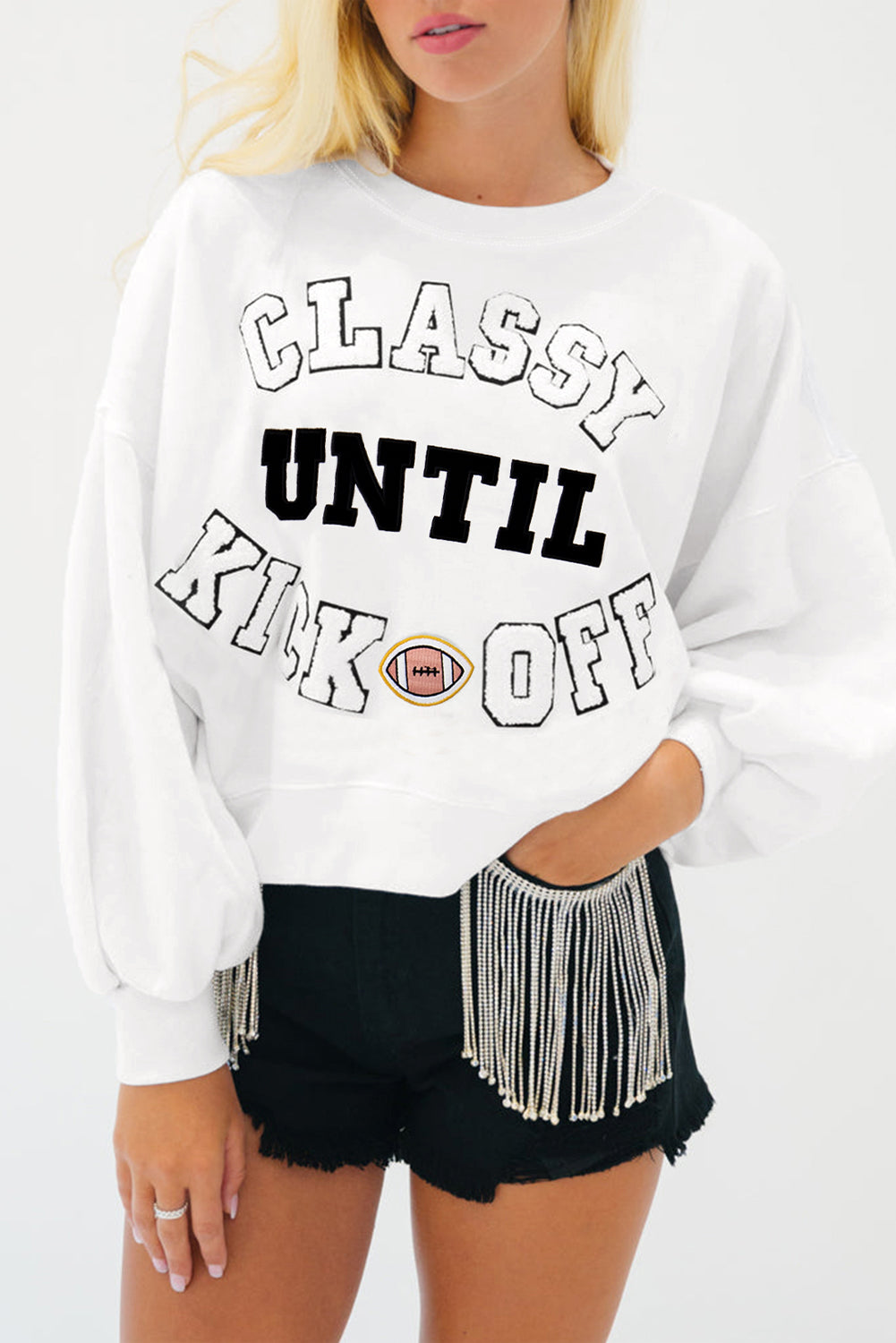 Black CLASSY UNTIL KICKOFF Plush Letter Patched Loose Sweatshirt