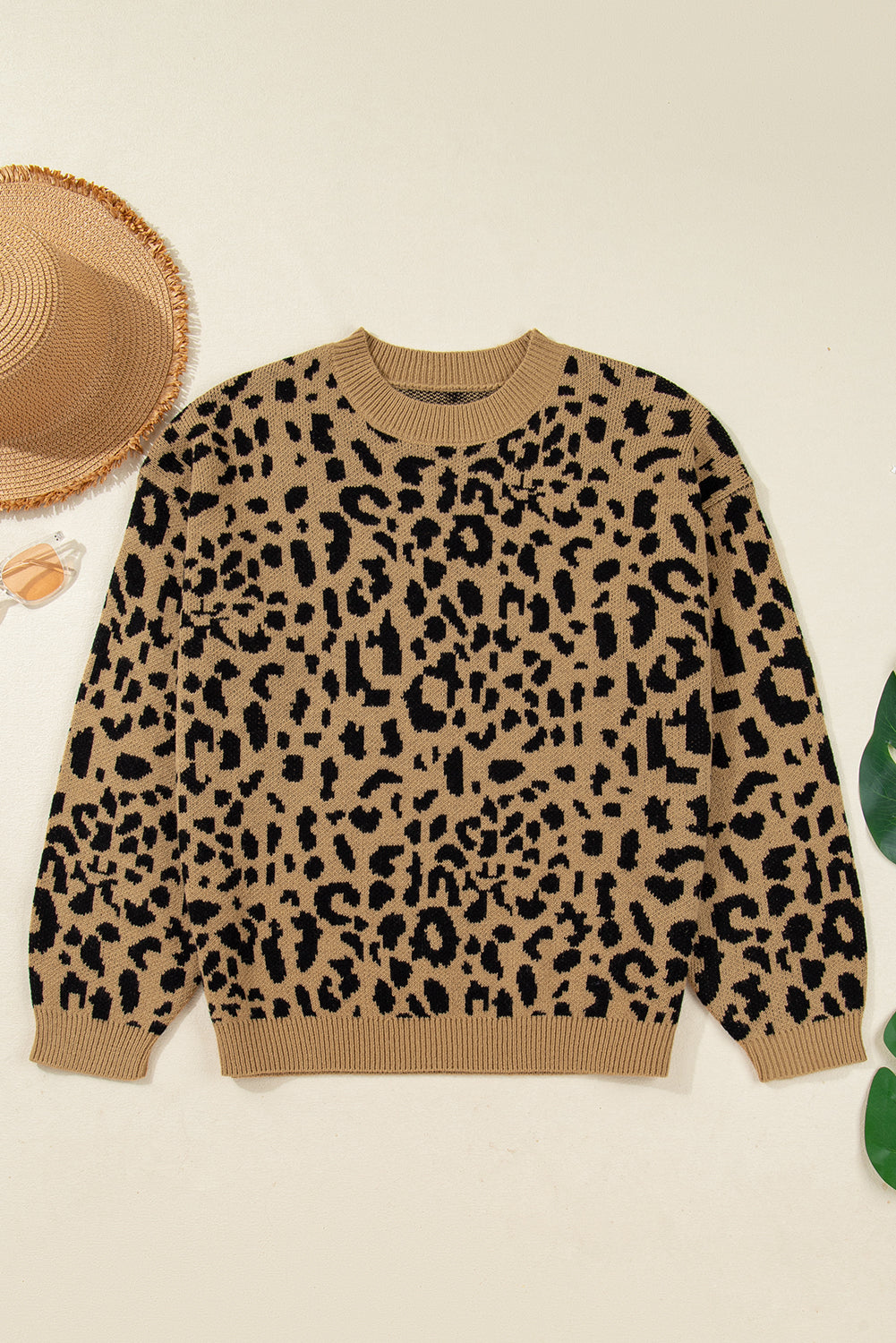 Light French Beige Leopard Round Neck Long Sleeve Sweater