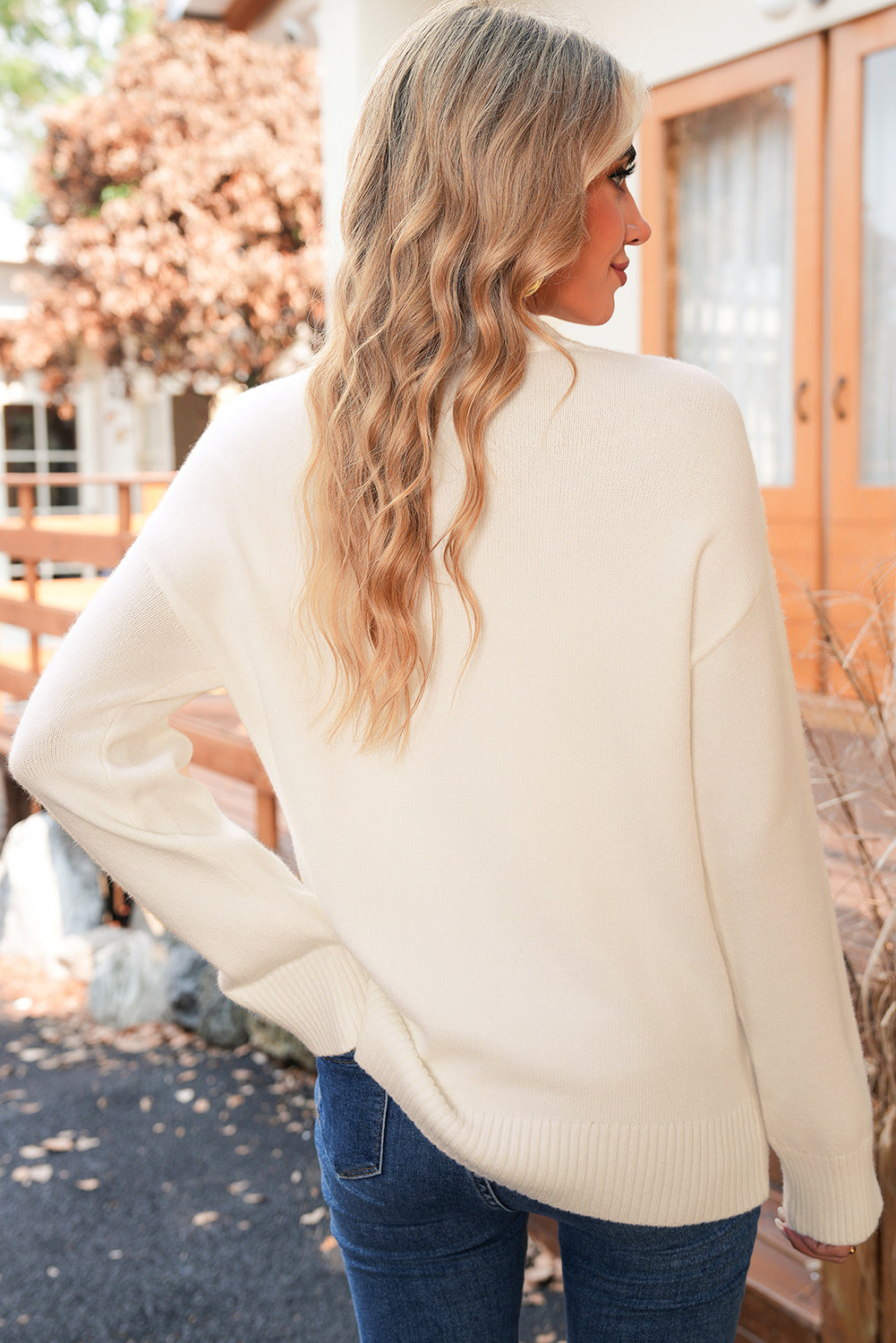 White Floral Embroidered Drop Sleeve Knit Sweater