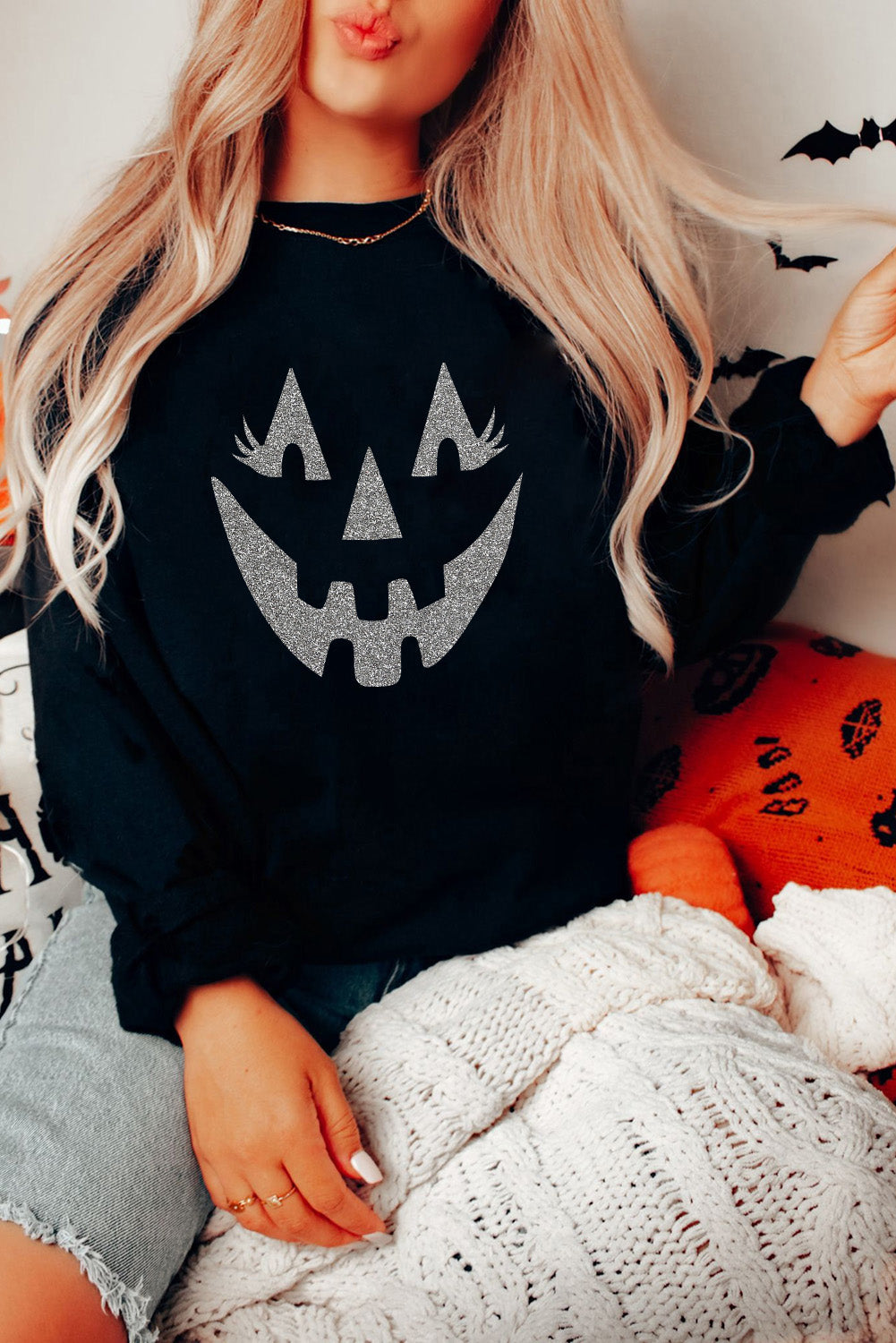 Black Spooky Halloween Graphic Baggy Sweatshirt