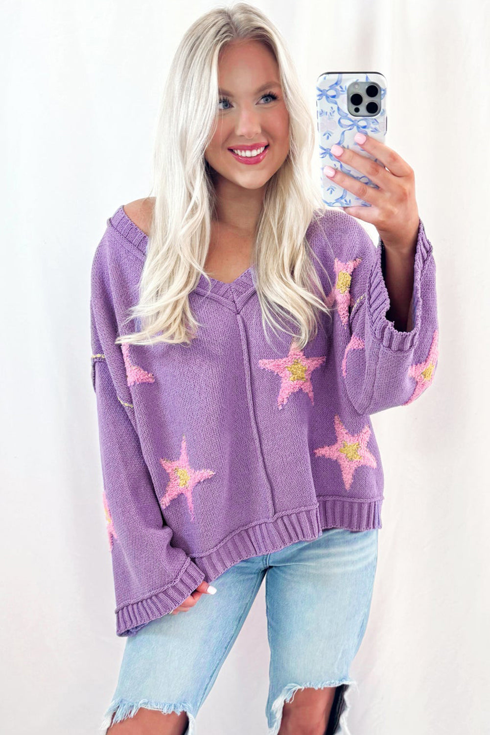 Pull oversize à col en V et épaules tombantes, motif étoile brossé Lavendula