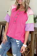 T-shirt Henley à manches courtes rose vif à côtes torsadées et patchwork color block