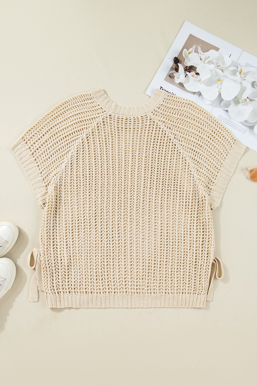 White Plus Size Open Knit Bow Tie Short Sleeve Sweater