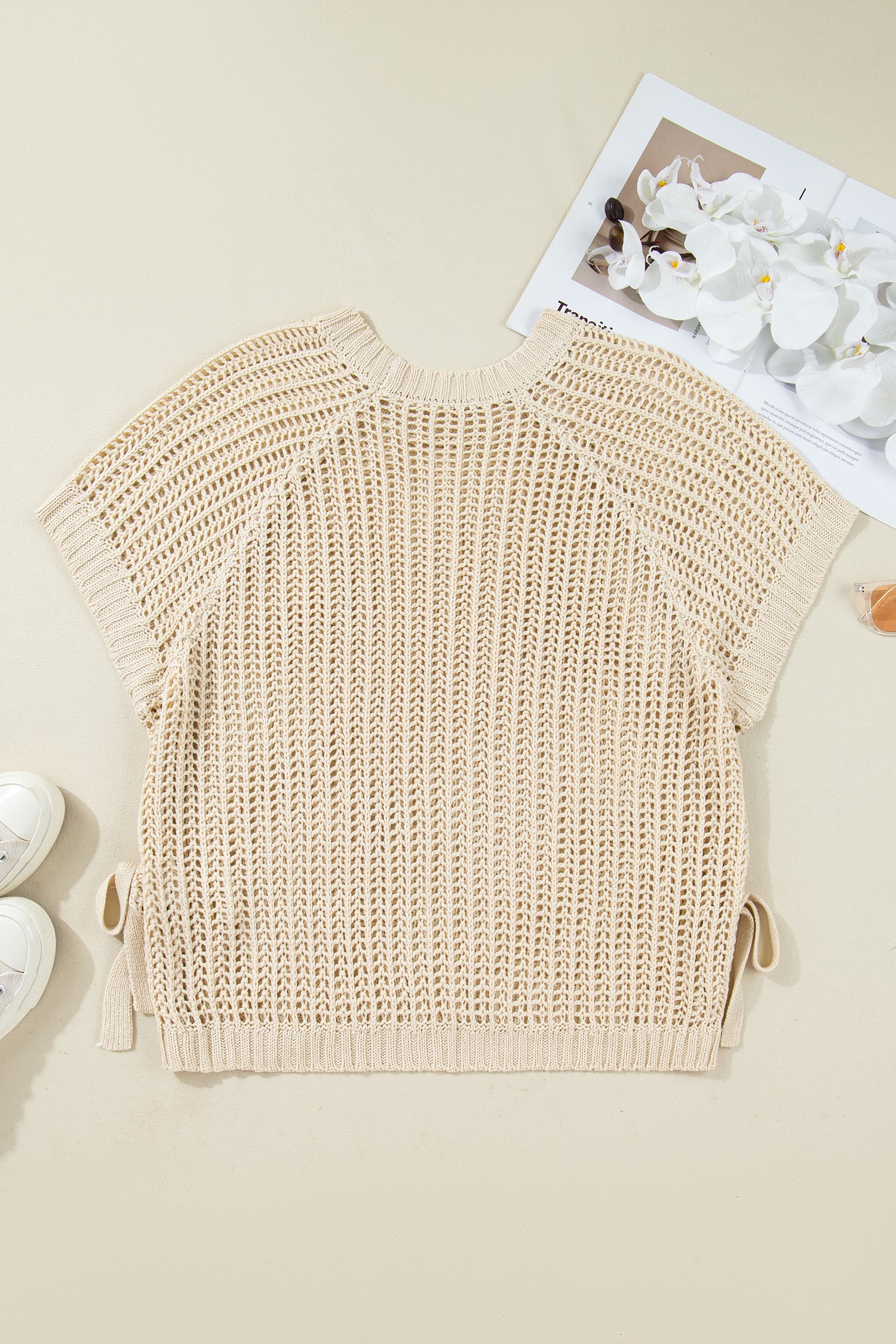 White Plus Size Open Knit Bow Tie Short Sleeve Sweater