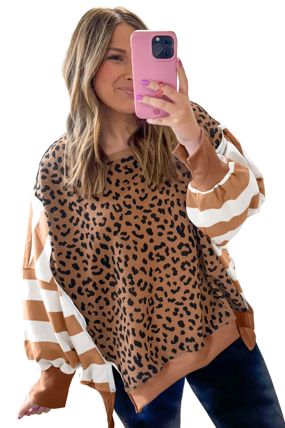 Sudadera con estampado de leopardo y rayas caqui con aberturas laterales