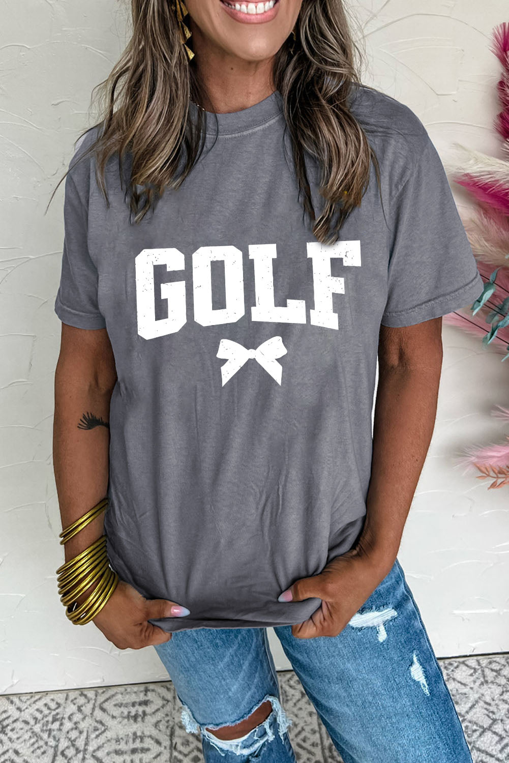 Gray Vintage GOLF Bow Print Casual T Shirt