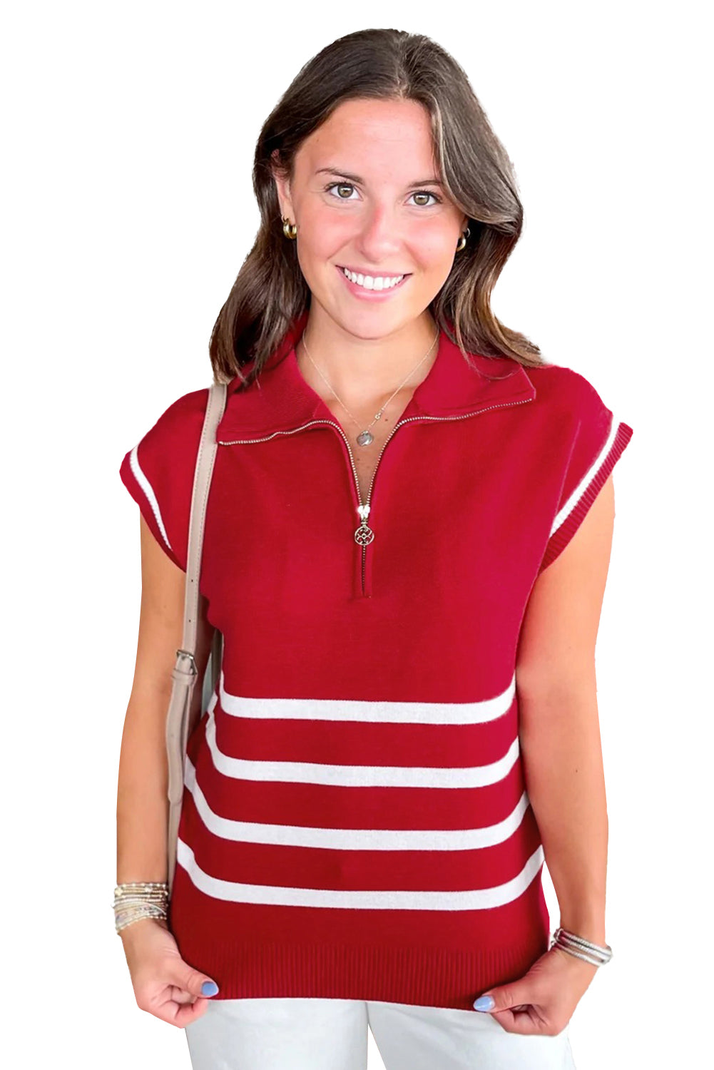 Fiery Red Quarter Zip Striped Detail Short Sleeve Sweater