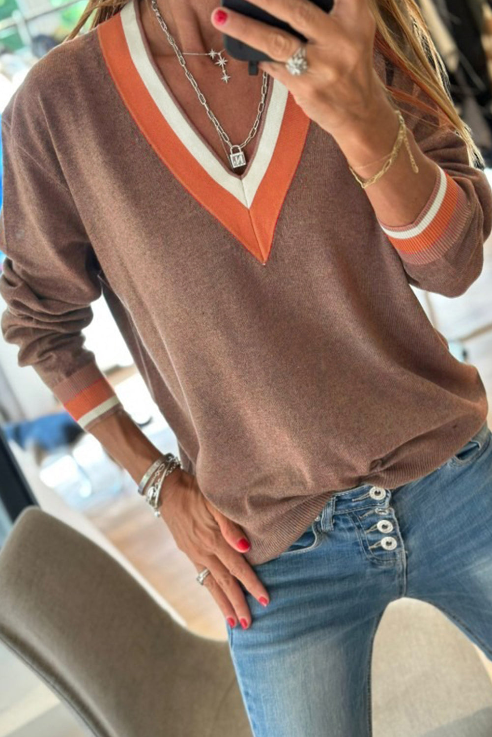Dark Khaki Contrast Striped Trim V Neck Knit Sweater