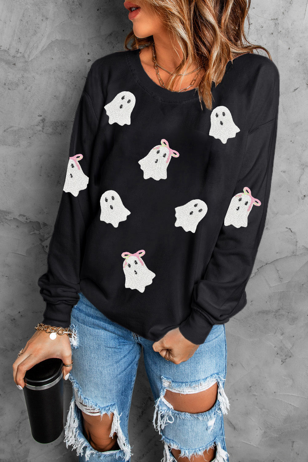 Black Sequin Cute Bow Ghost Graphic Crew Neck Halloween Sweatshirt