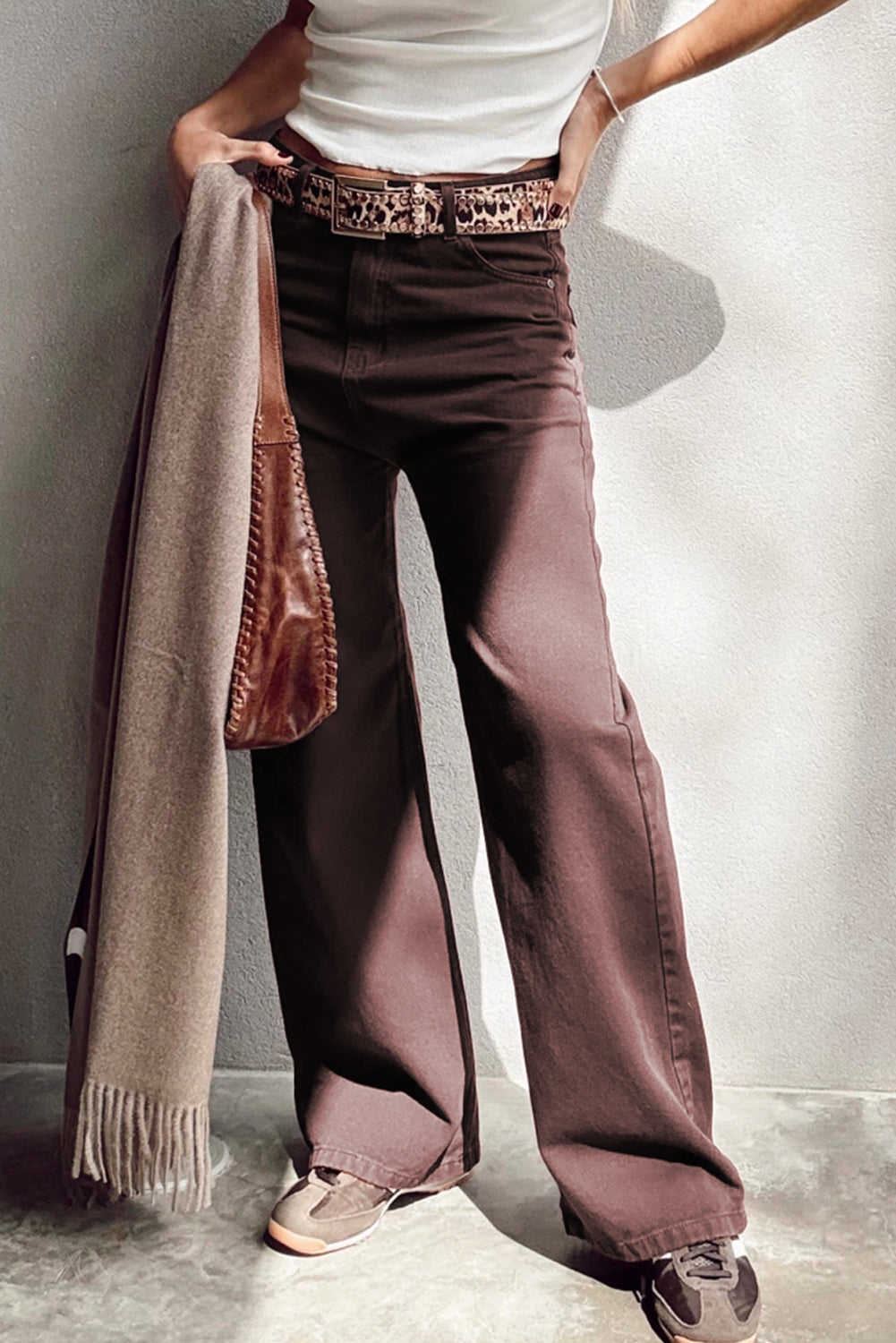 Jean taille haute ample et droit couleur unie Dahlia rouge