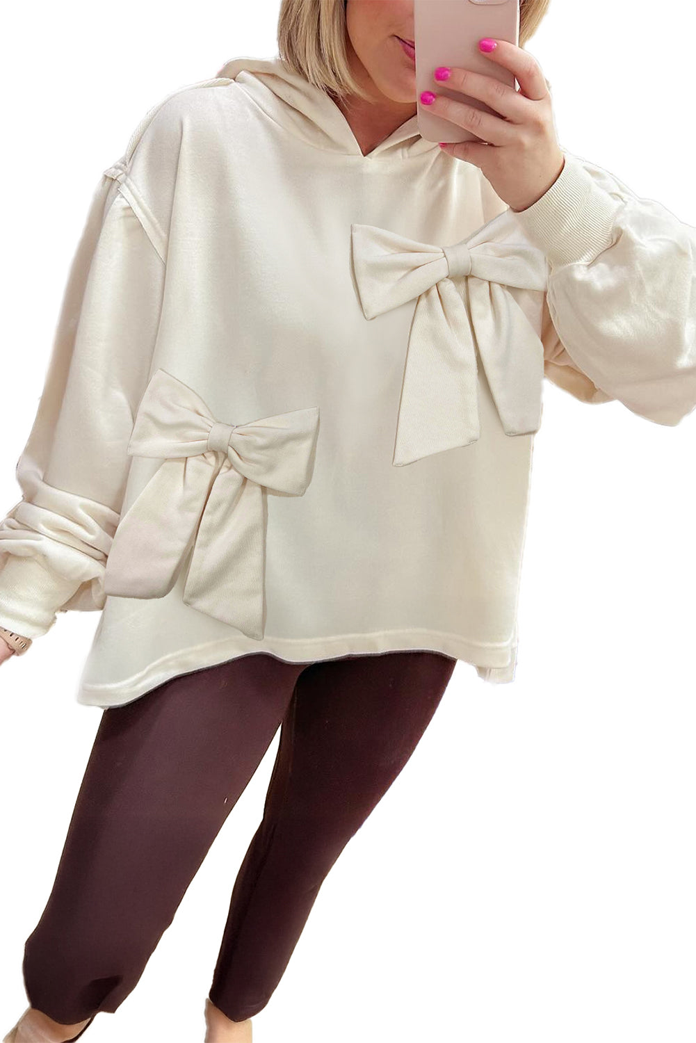 White Solid Color Cute Bow Embellished Loose Hoodie