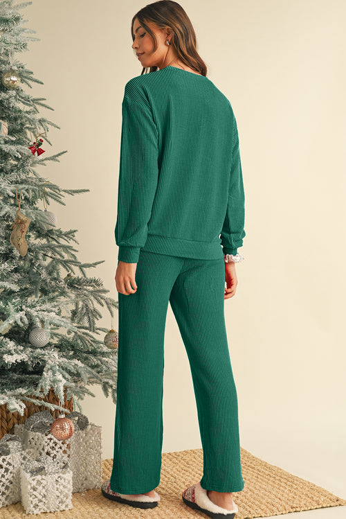 Ensemble haut à manches longues et pantalon à poches à motif côtelé froissé Evergreen JOLLY