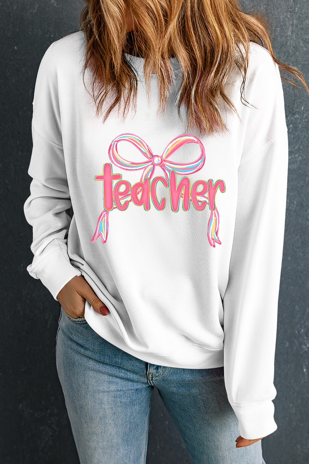White teacher Bow Graphic Pullover Sweatshirt