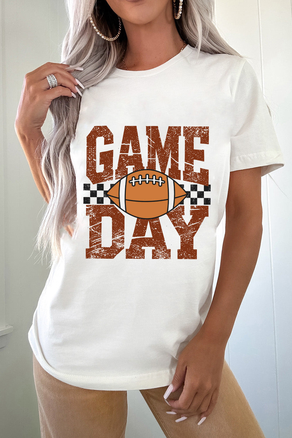 White GAME DAY Checkered Football Print Vintage Graphic Tee