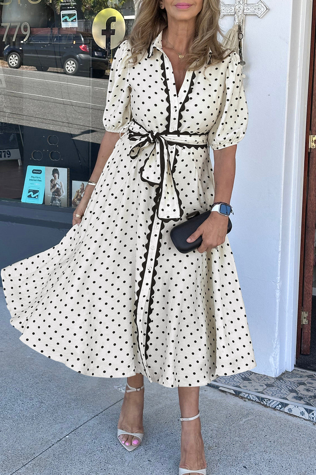 White Polka Dot Printed Contrast Scalloped Trim Shirt Collar Button Down Belted Midi Dress