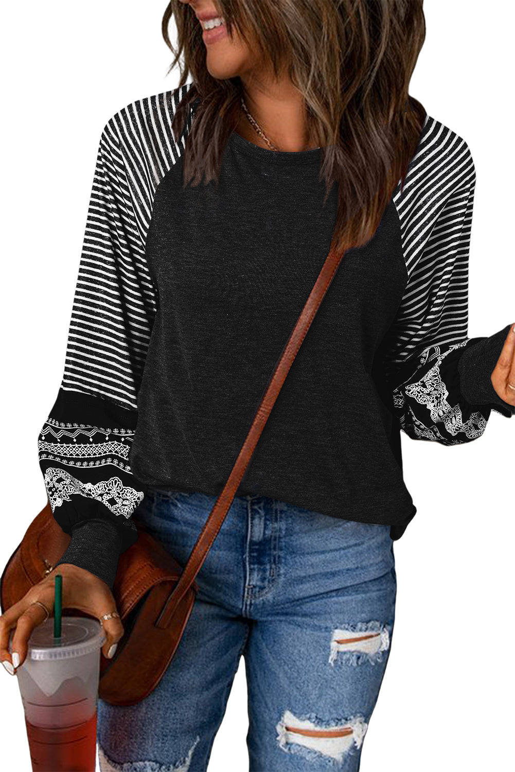 Medium Grey Contrast Print Striped Raglan Long Sleeve Loose Top