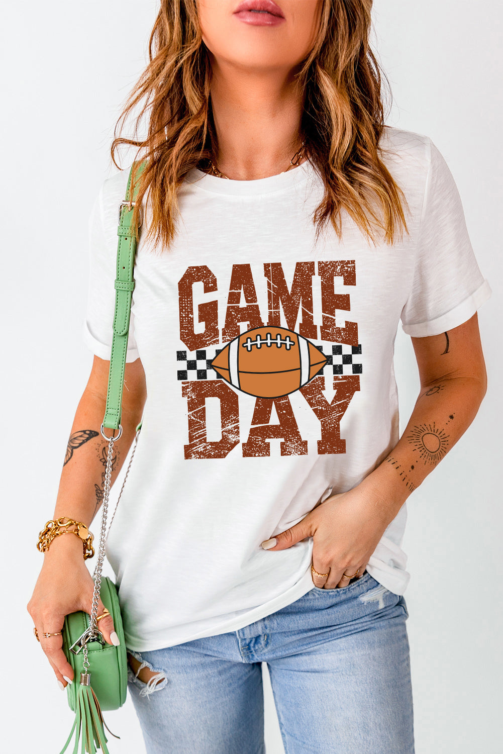 White GAME DAY Checkered Football Print Vintage Graphic Tee