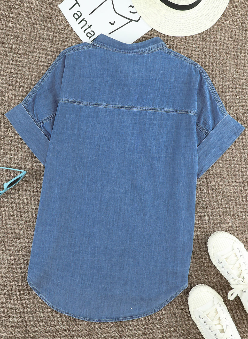 Blue Turn-down Collar Short Sleeve Denim Shirt