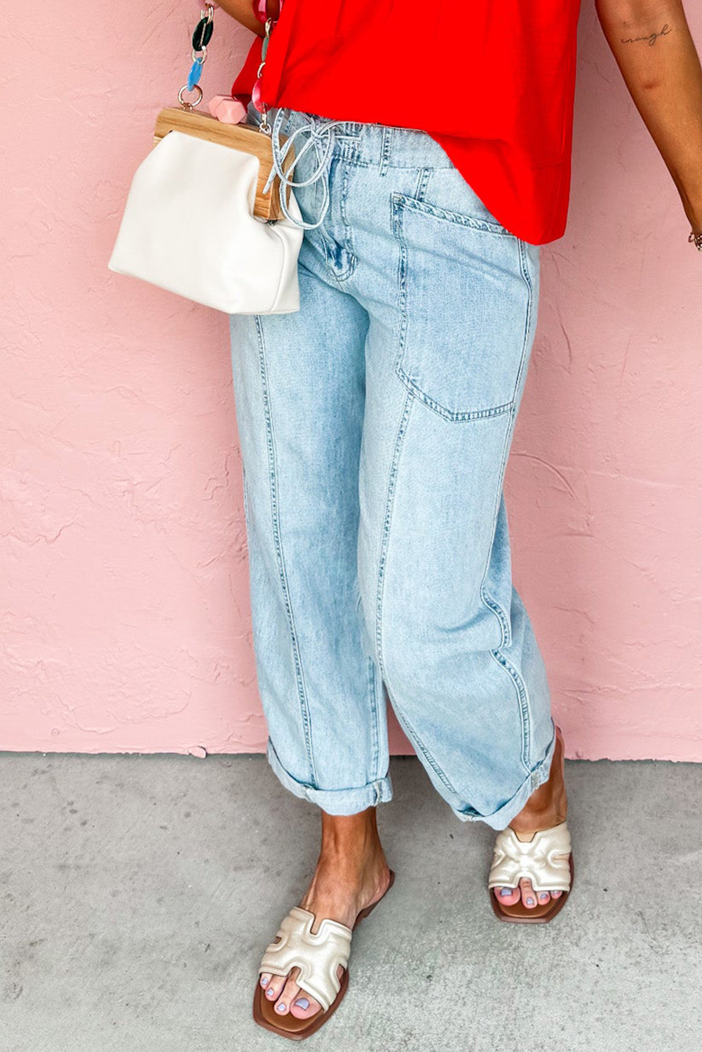 Jean à cordon de serrage et coutures apparentes Myosotis