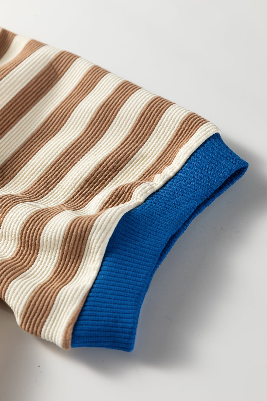 Brown Stripe Short Puff Sleeve Contrast Trim Round Neck Tee