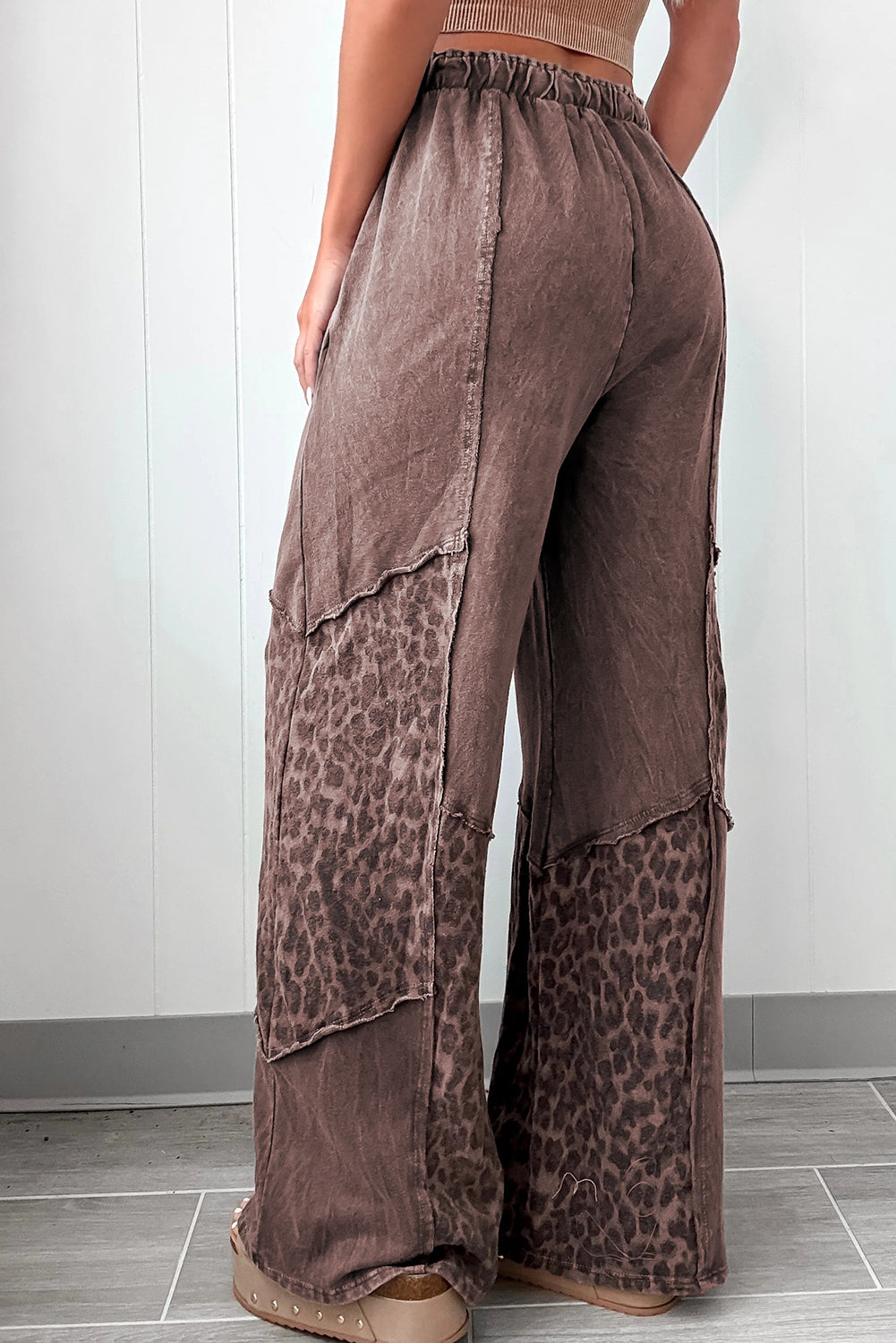 Dark Grey Mineral Wash Leopard Patchwork Loose Pants