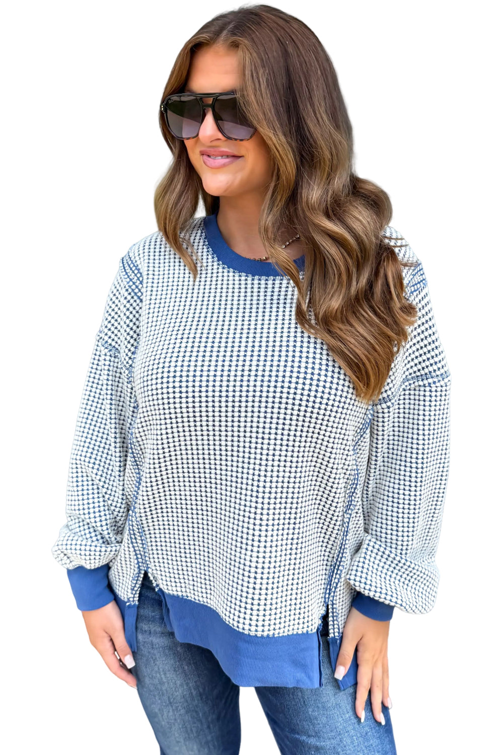 Dark Blue Waffle Knit Exposed Stitching Casual Top