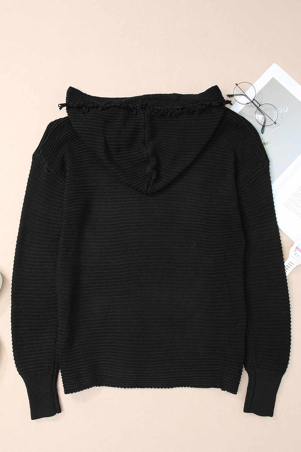 Black Split V Neck Pullover Knit Hooded Sweater