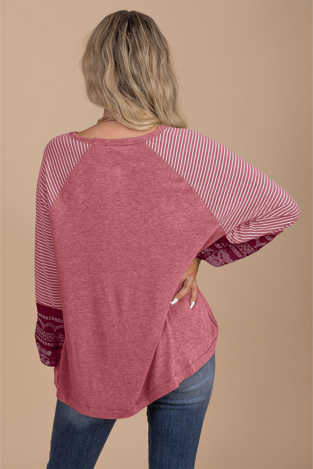 Medium Grey Contrast Print Striped Raglan Long Sleeve Loose Top