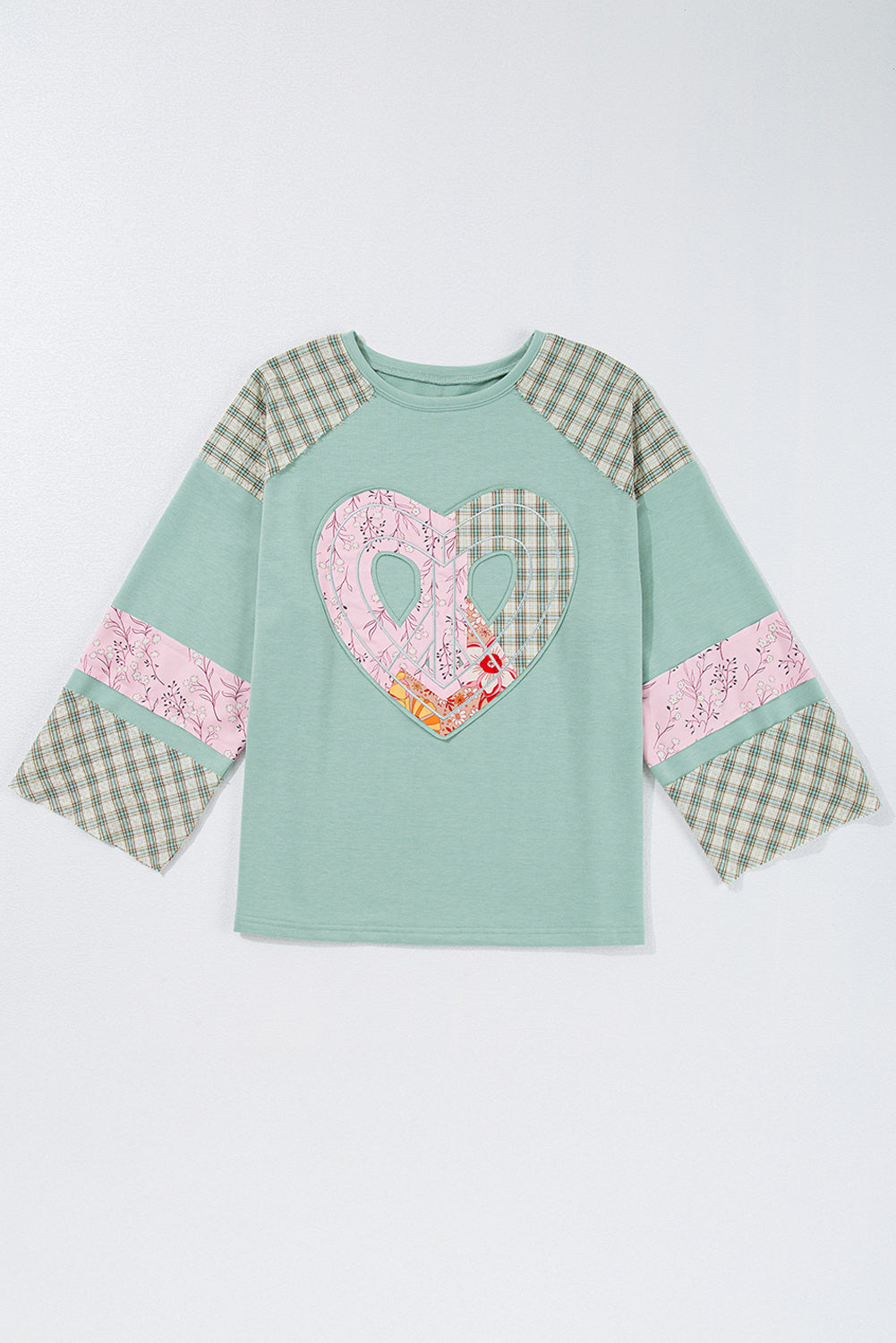 Beige Plaid Floral Patchwork Heart Long Sleeve Top