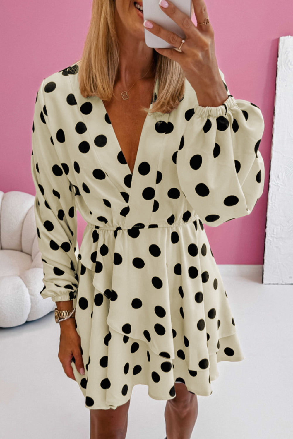 Beige Polka Dot Print Surplice V Neck Puff Sleeve Mini Dress