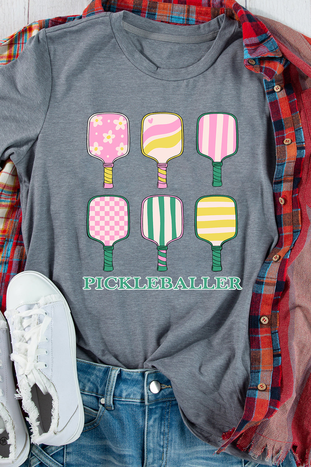 Gray PICKLEBALLER Playful Bats Printed Casual T Shirt