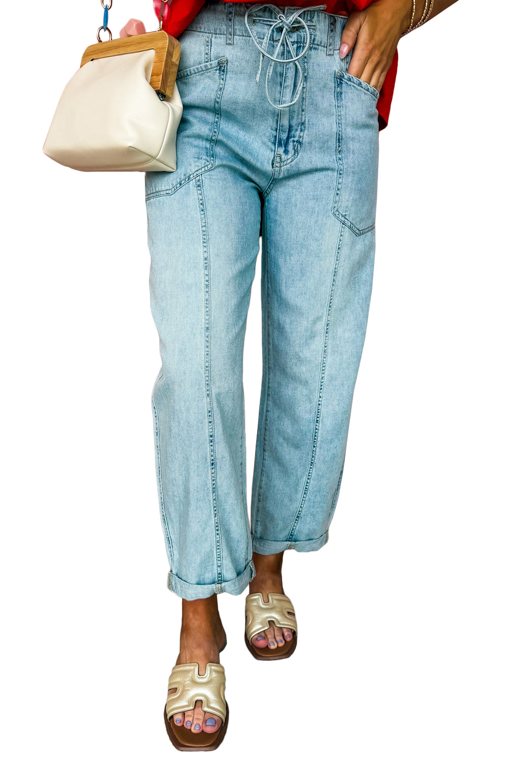 Jean à cordon de serrage et coutures apparentes Myosotis