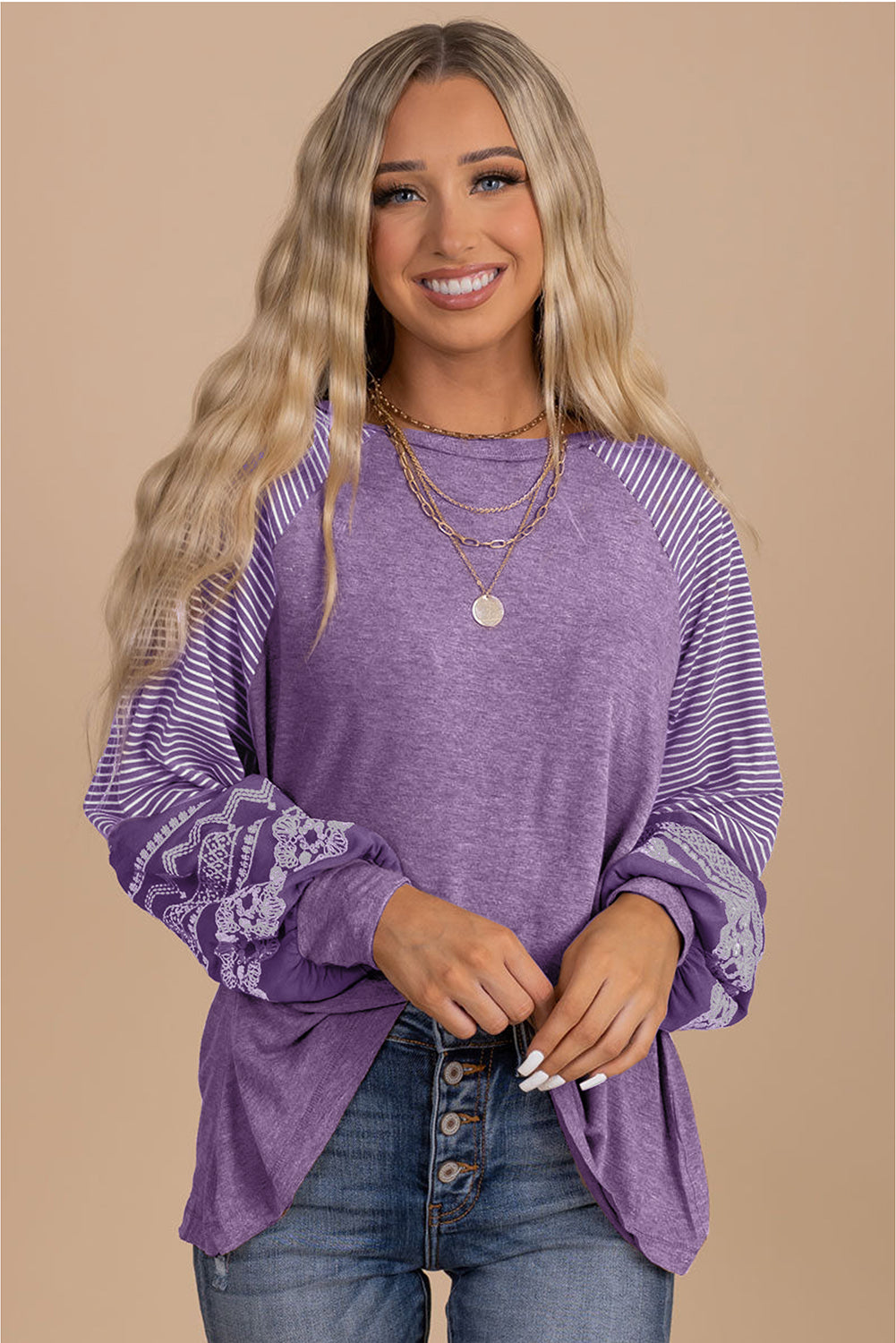 Medium Grey Contrast Print Striped Raglan Long Sleeve Loose Top