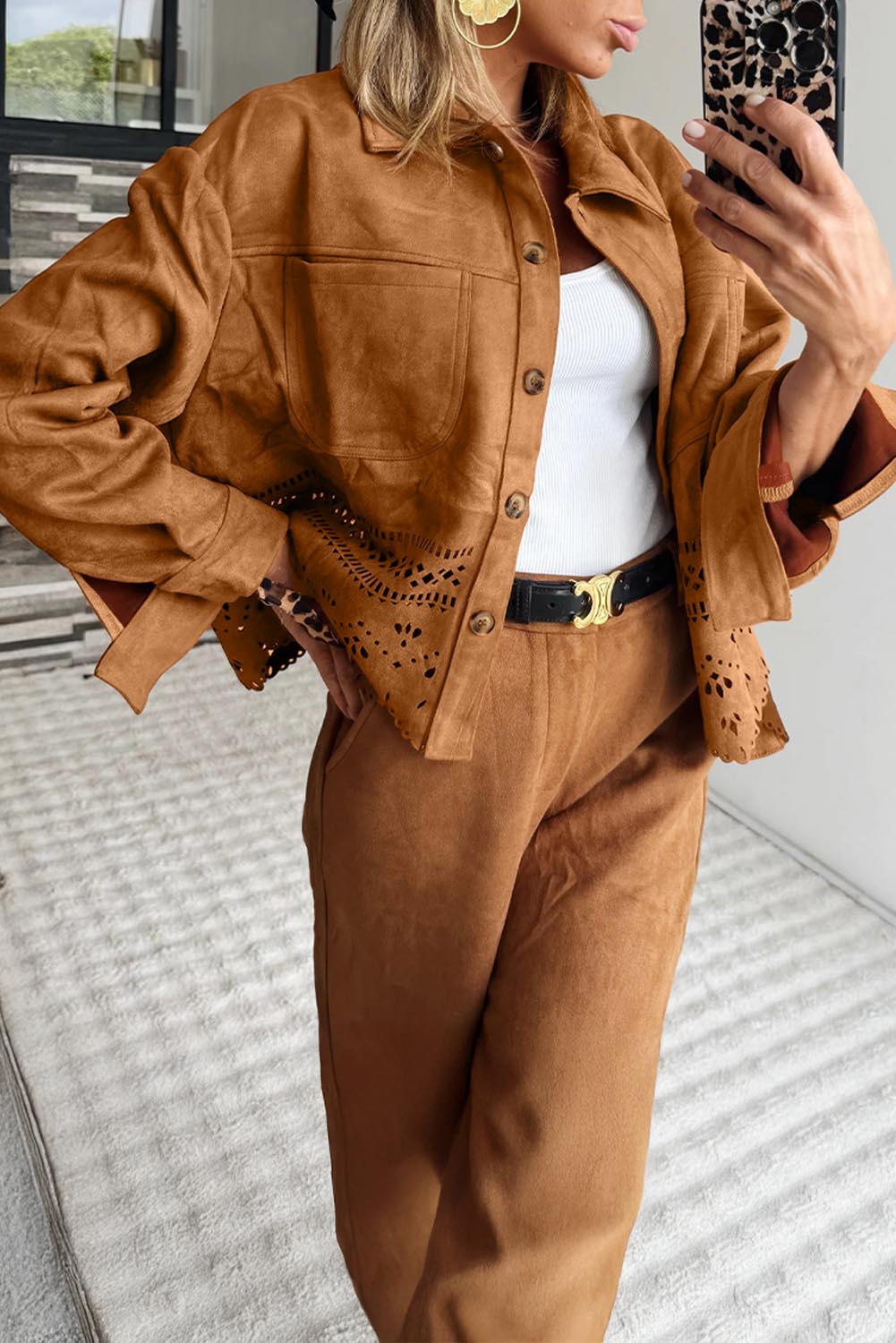 Thai Curry Solid Color Faux Suede Hollowed Detail Retro Style Jacket