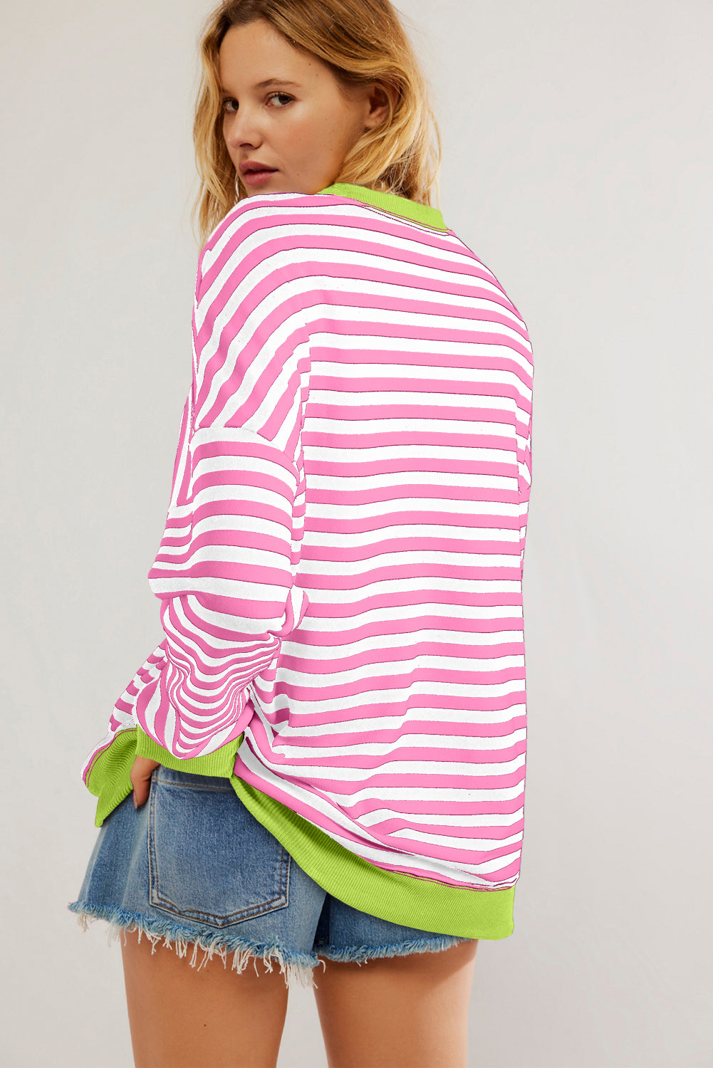 Rose Red Striped Contrast Trim Drop Shoulder Sweatshirt