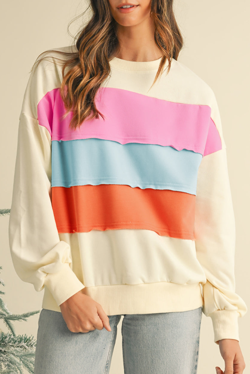 White Colorblock Patchwork Drop Sleeve Sweatshirt