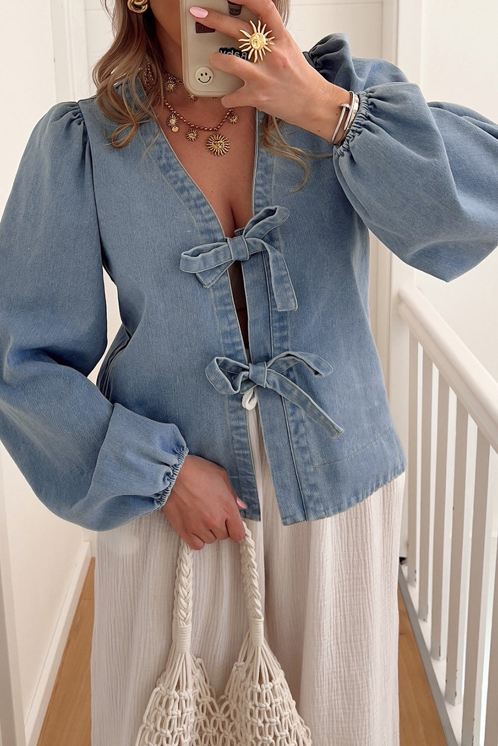 Dusk Blue Bow Tie Front Puff Sleeve Denim Top
