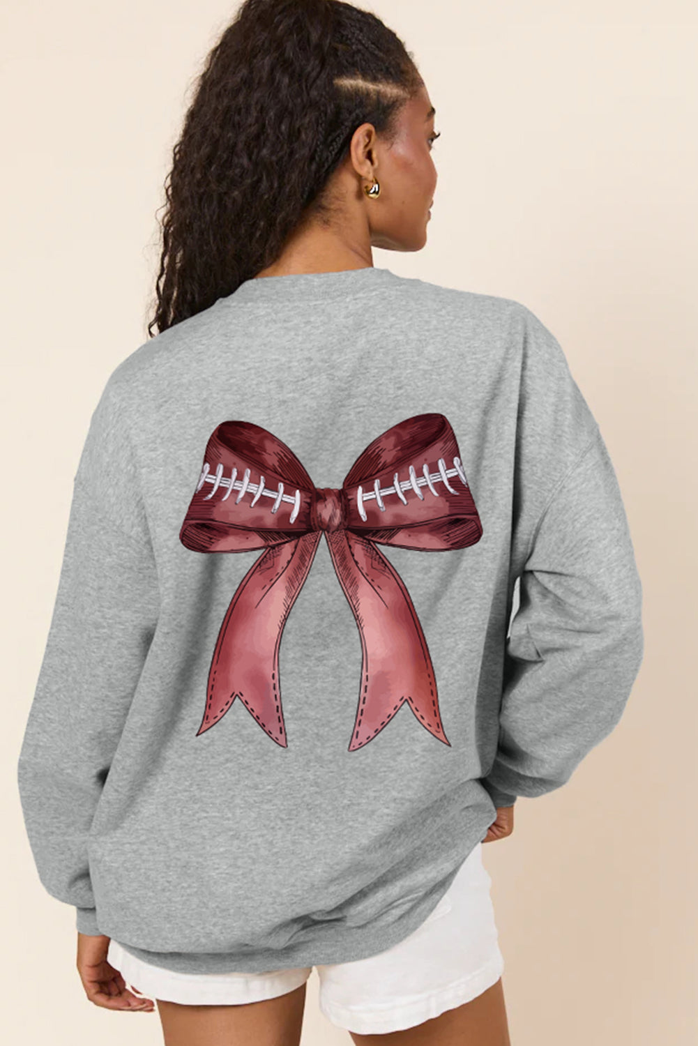Gray Football Bow Print Drop Shoulder Pullover Sweatshirt
