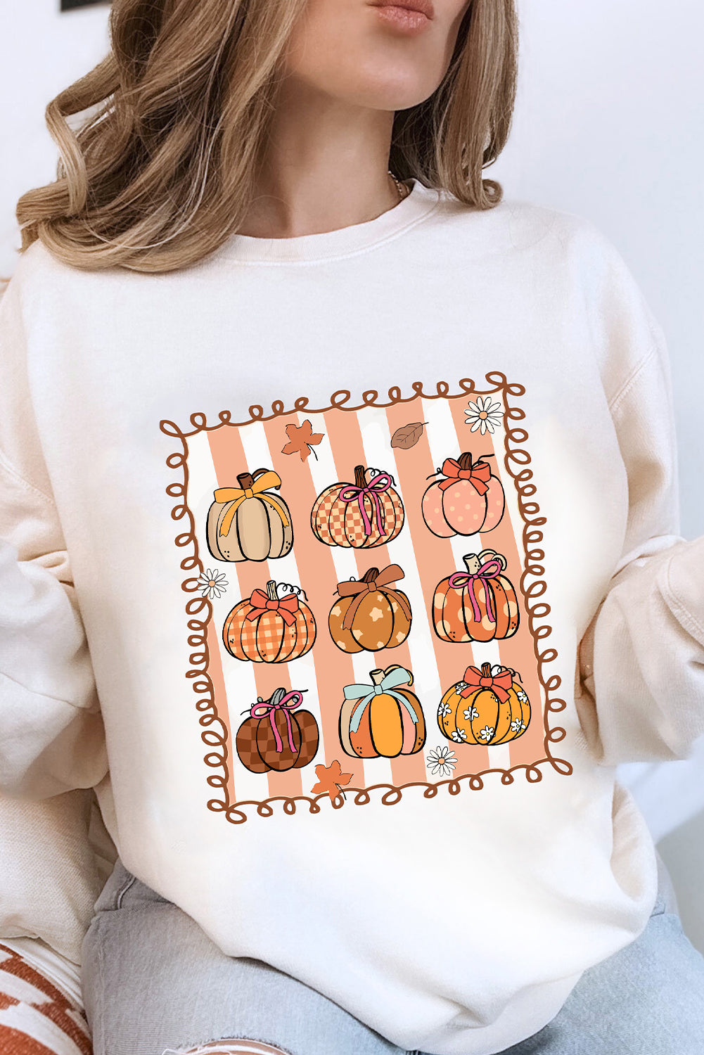 White Fall Bow Pumpkin Round Neck Graphic Sweatshirt