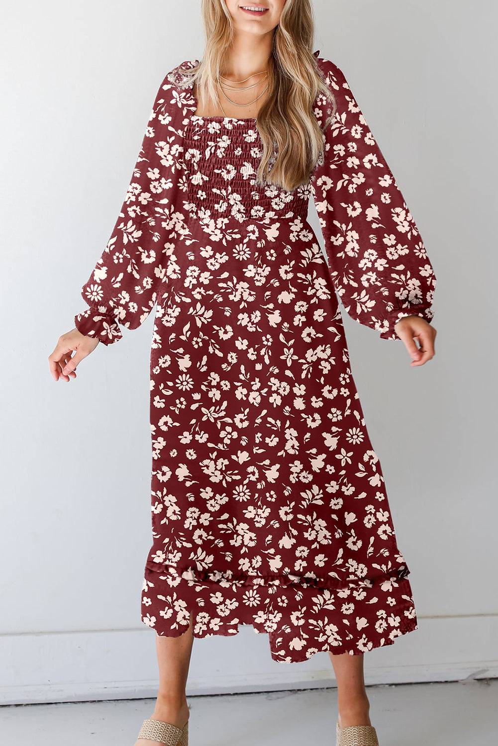 Red Floral Print Long Sleeve Square Neck Smocked Maxi Dress