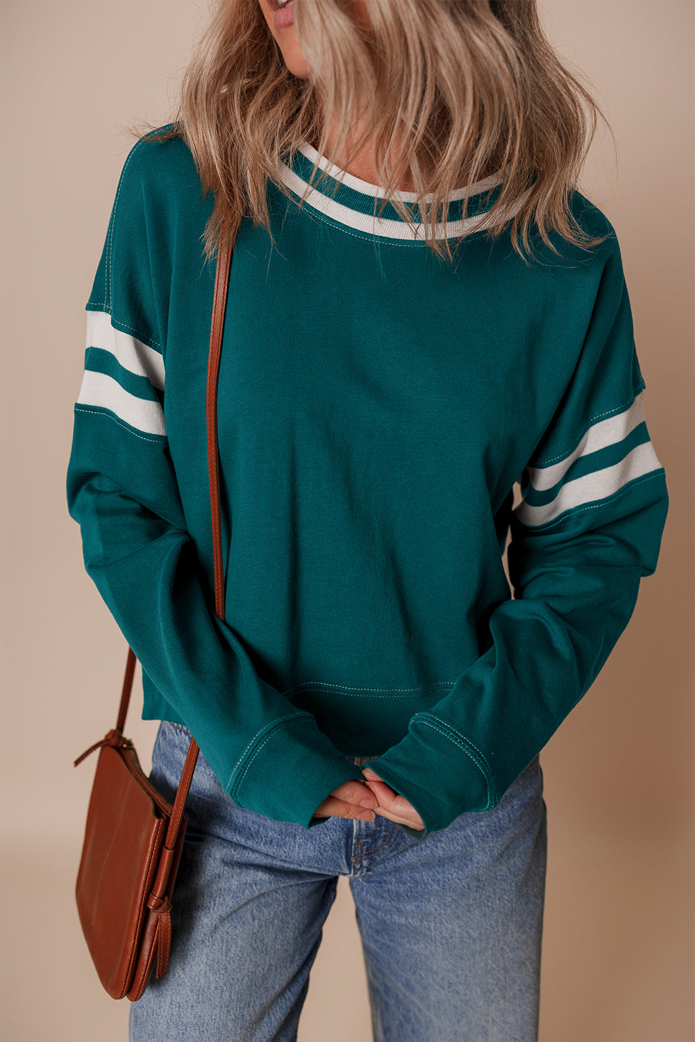 Blackish Green Contrast Striped Patchwork Drop Shoulder Sweatshirt