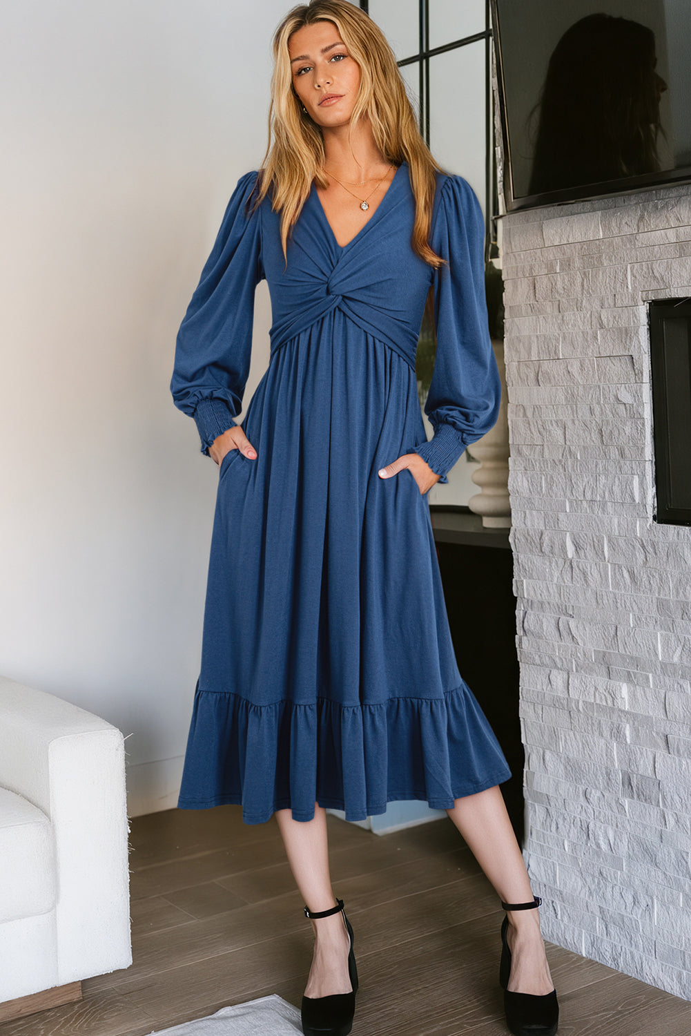 Sail Blue Solid Color Front Twist Puff Sleeve Ruffled Dress