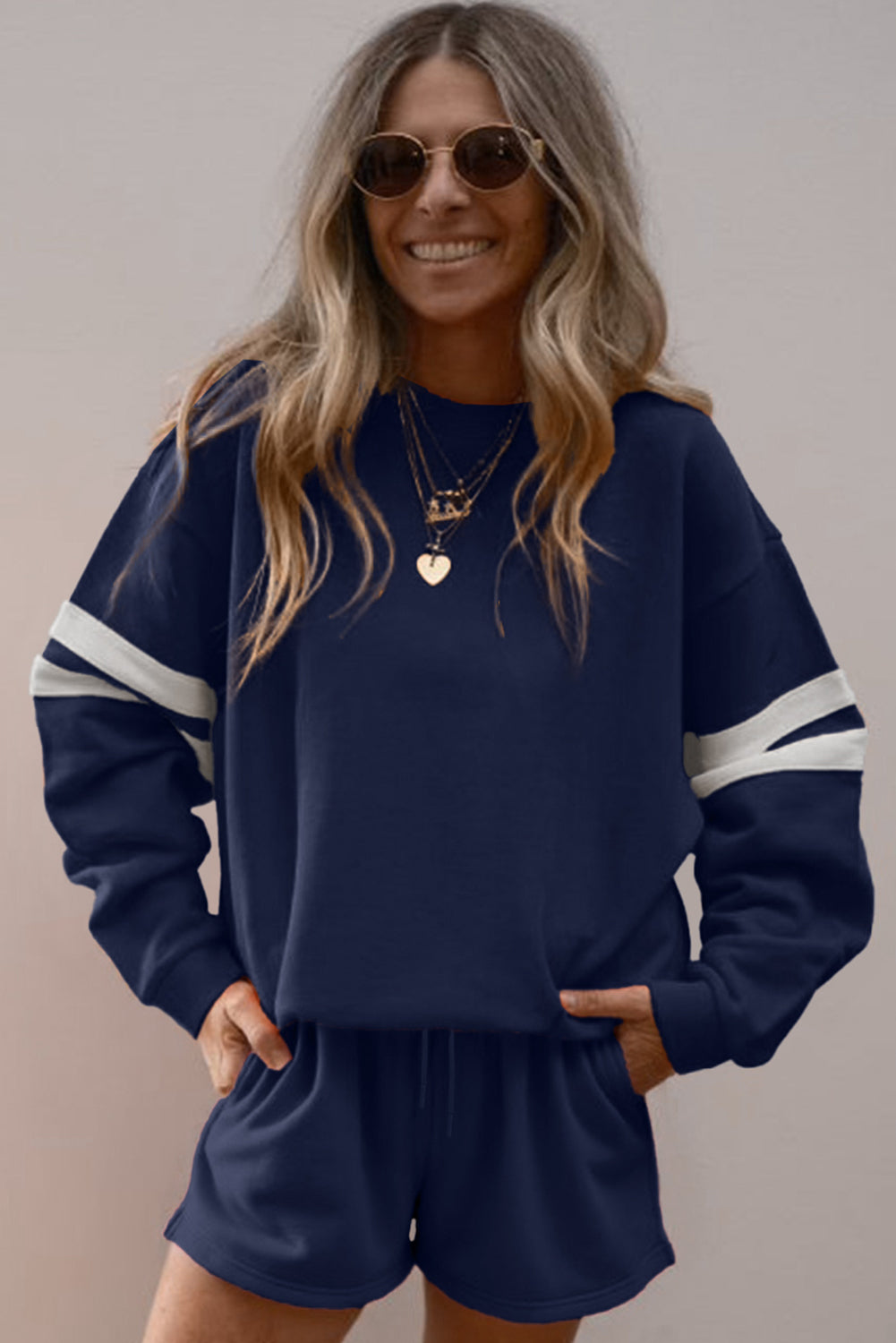 Evergreen Varsity Striped Sleeve Drop Shoulder Sweatshirt and Shorts Set