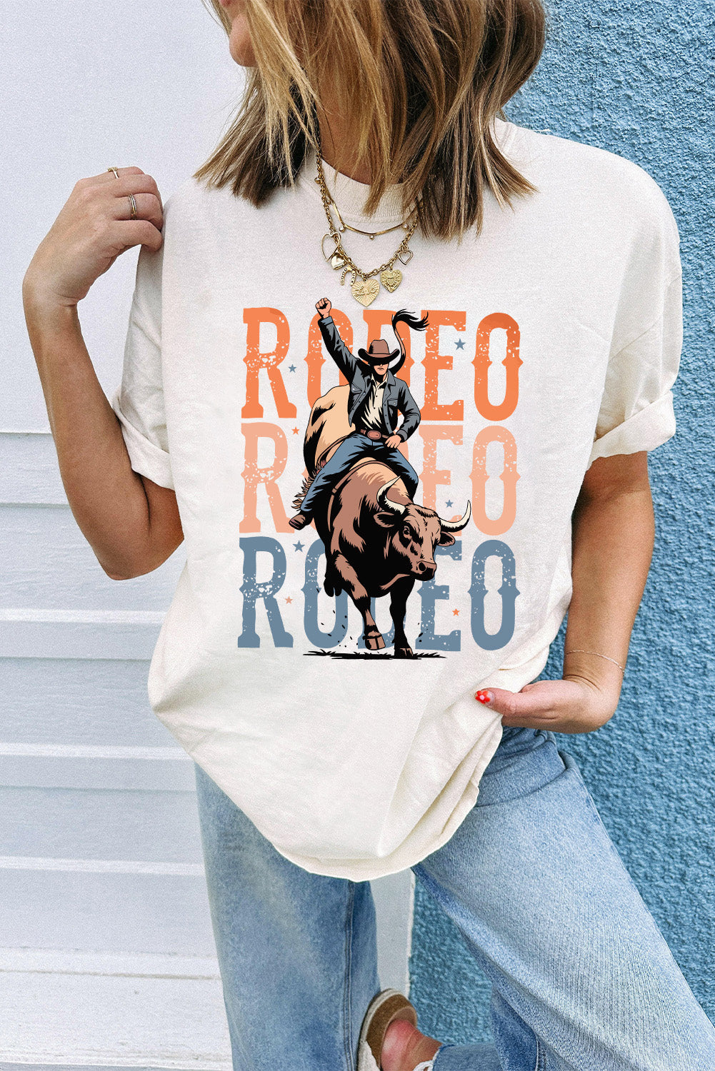 White RODEO Graphic Crewneck Fashion T Shirt